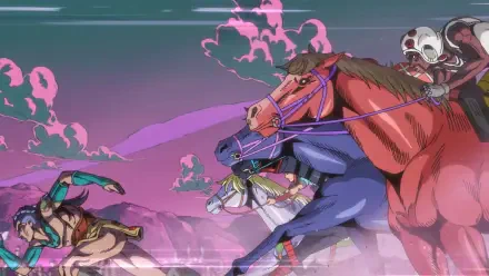 Steel Ball Run HD PC desktop wallpaper and background: dynamic horse racing scene with powerful horses and focused jockeys charging across a surreal purple sky.