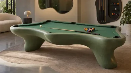 4K Ultra HD PC desktop wallpaper and background: modern green pool table with cue stick and racked billiard balls in a stylish room.