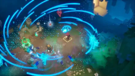 HD PC desktop wallpaper/background of Minecraft Dungeons II: hero casts a glowing magic spell as blue rune rings sweep across a chaotic video game battle arena.