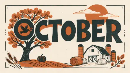 2K Quad HD PC desktop wallpaper: October autumn scene with stylized tree, pumpkin, barn and hay bales under an orange sun, bold OCTOBER lettering.