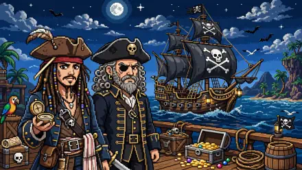 HD PC desktop wallpaper: Pirates of the Caribbean scene — two pirates on a dock, skull-flagged ship under a moonlit sky, treasure chest spilling gold and gems.