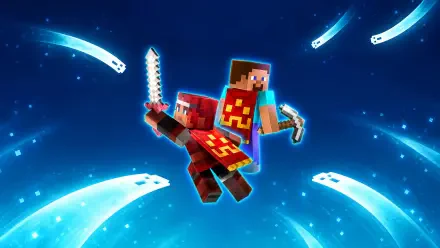 4K Ultra HD PC desktop wallpaper/background of Minecraft Dungeons II — Minecraft heroes leaping with sword and pickaxe amid glowing blue comet-like trails