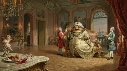 4K Ultra HD PC wallpaper: Jabba the Hutt–like toad monster lounges in an ornate Rococo salon while powdered courtiers attend.