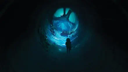 End of Abyss HD PC desktop wallpaper: a lone silhouette in a dark tunnel gazes toward a glowing blue portal at the tunnel's end.