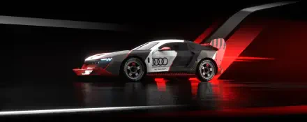 Dark 2K desktop wallpaper: Audi race car with Pixar Cars-style face, Link/The Legend of Zelda green accents and rally-inspired livery, red neon reflections on a glossy floor.