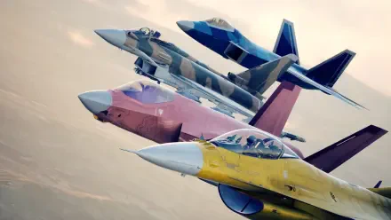 Ace Combat 8 HD PC desktop wallpaper and background showing four colorful jet fighter aircraft in tight formation above clouded skies.