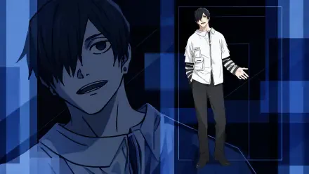 4K Ultra HD PC desktop wallpaper of Soshiro Azami from Kagurabachi: full-body in a white shirt with striped sleeves beside a larger monochrome close-up on a geometric blue background.