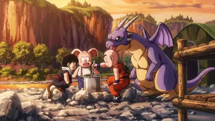 HD PC desktop wallpaper of Dragon Ball/Dragon Ball Z: Gohan, Krillin and Oolong eating by a riverside beside a friendly purple dragon at sunset.