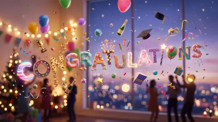 5K Ultra HD PC desktop wallpaper showing CONGRATULATIONS in balloon letters, confetti, floating graduation caps, balloons and a festive graduation scene.