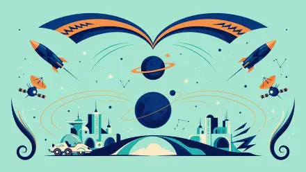 Vector flourish 4K Ultra HD PC desktop wallpaper and background showing stylized rockets, planets, and space motifs above a futuristic cityscape.