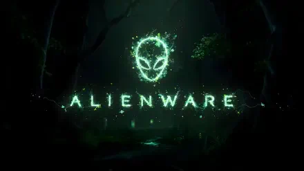 Glowing neon-green Alienware alien-head logo with ALIENWARE text over a dark, misty forest — 5K Ultra HD gaming PC desktop wallpaper and background.