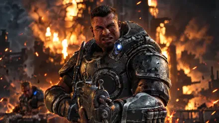 Marcus Fenix in heavy armor fires a rifle amid burning ruins on Gears of War: E-Day — soldier portrait, 4K Ultra HD PC desktop wallpaper