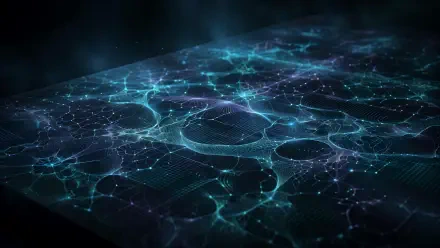 Abstract digital network: glowing blue-green nodes and filaments under ambient light, technology-themed 4K Ultra HD PC desktop wallpaper.