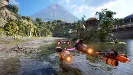 Star Wars: Galactic Racer jet ski skims glossy water toward a lush island and distant volcano — vibrant 4K Ultra HD PC desktop wallpaper and background.