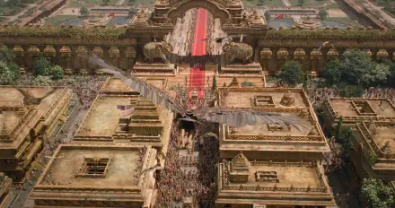 Aerial view of an ornate temple complex and crowded procession from Ramayana (2026), showcasing intricate architecture in a dramatic 4K Ultra HD PC desktop wallpaper and background.