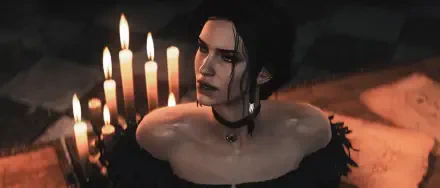 Yennefer of Vengerberg surrounded by candles in The Witcher 3: Wild Hunt, 2K Quad HD PC desktop wallpaper.