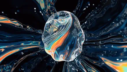 Abstract fluid art with a glossy swirling orb and colorful ribbons on a dark navy backdrop, 2K Quad HD PC desktop wallpaper background.