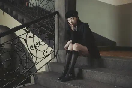 MEOVV “GO HARD” HD desktop wallpaper of a woman in black fashion sitting on ornate stairs.