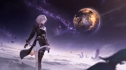 5K Ultra HD PC desktop wallpaper of Stelle from Honkai: Star Rail on a barren planet beneath a glowing world.