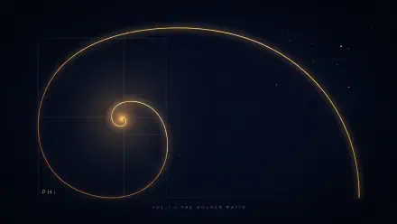 Glowing golden Fibonacci spiral illustrating the golden ratio against a dark mathematical blueprint, 2K Quad HD PC desktop wallpaper and background.