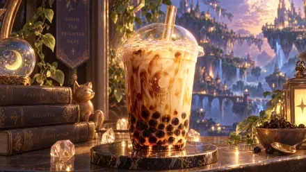 4K Ultra HD desktop wallpaper of creamy bubble tea with tapioca pearls on a candlelit table overlooking a magical castle city.