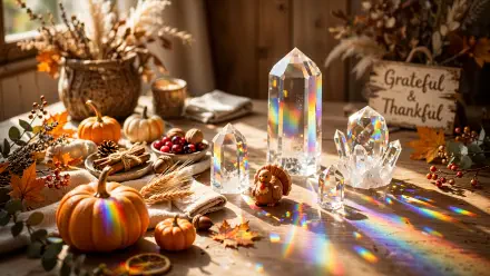 4K Ultra HD desktop wallpaper of crystal pumpkins, glowing prisms, and autumn decor on a Thanksgiving table.