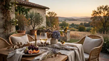 Outdoor dining table setting with wine, flowers, and wicker chairs overlooking the countryside at sunset, HD PC desktop wallpaper background.