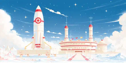 Clean 4K Ultra HD desktop wallpaper of a white rocket on a futuristic space launch pad beneath a bright blue, starry sky.