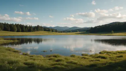 Peaceful mountain lake reflecting forested hills and blue sky, 4K Ultra HD PC desktop wallpaper and background.