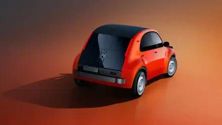 Red Citroën 2CV concept hatchback on an orange studio background, featured in an HD desktop wallpaper.