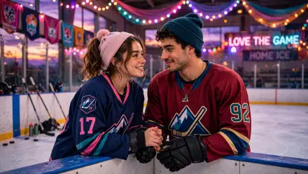 Hockey romance couple sharing a moment at a decorated ice rink, HD PC desktop wallpaper and background.