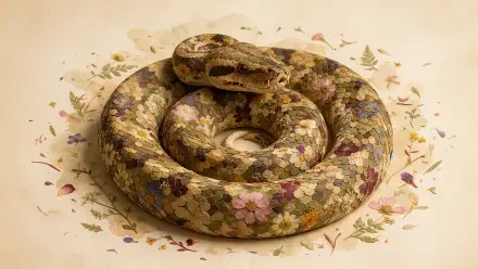 Coiled ball python surrounded by delicate flowers, 4K Ultra HD PC desktop wallpaper and background.