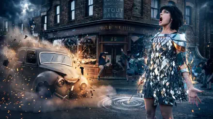 The Chronicles of Narnia: The Magician’s Nephew 5K Ultra HD wallpaper of a woman on a city street beside an exploding vintage car.