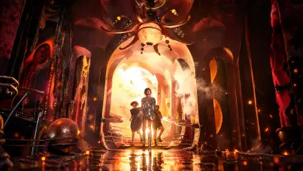 A woman stands before a glowing portal in a dark fantasy hall, from The Chronicles of Narnia: The Magician’s Nephew, 4K Ultra HD desktop wallpaper.