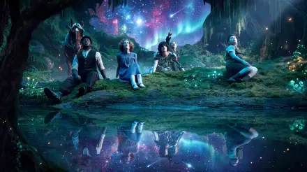 The Chronicles of Narnia: The Magician’s Nephew 5K Ultra HD PC desktop wallpaper, with characters in a forest beneath a glowing galaxy reflected in water.