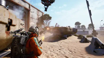 ARC Raiders HD PC desktop wallpaper featuring a soldier firing at a tank in a dusty battlefield, with a drone overhead.