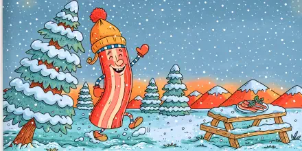 Cheerful cartoon bacon hot dog dancing in a snowy winter forest, 4K Ultra HD PC desktop wallpaper background.