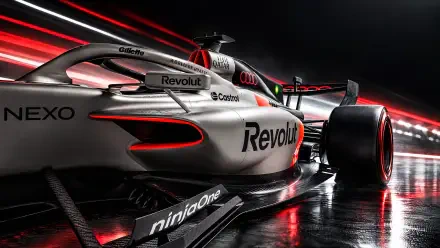 Audi R26 F1 race car on a glowing track, featured in a dramatic 4K Ultra HD PC desktop wallpaper and background.