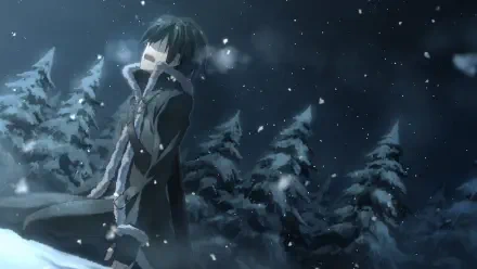 Kirito from Sword Art Online stands in a snowy forest at night, featured in a 4K Ultra HD PC desktop wallpaper and background.