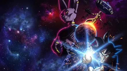 Beerus and Goku clash in a cosmic Dragon Ball Super scene, 5K Ultra HD PC desktop wallpaper and background.