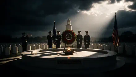 Memorial Day war memorial with soldiers, wreath, and eternal flame beneath stormy skies, 4K Ultra HD PC desktop wallpaper and background.