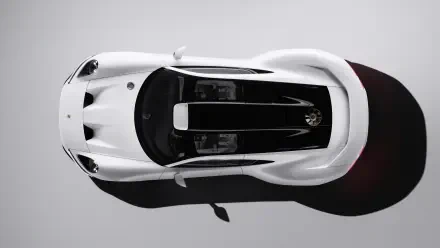 Top-down view of a white Porsche Mission S concept car on a gray backdrop, 5K Ultra HD PC desktop wallpaper.