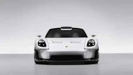 Front view of a white Porsche Mission S sports car, featured in a 5K Ultra HD PC desktop wallpaper and background.