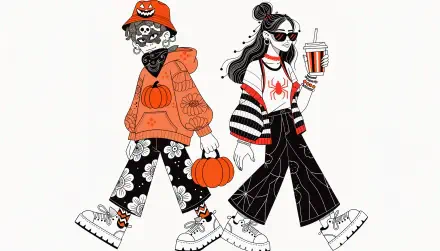 4K Ultra HD Halloween couple wallpaper featuring fashionable skeletons in spooky outfits, one carrying a pumpkin.