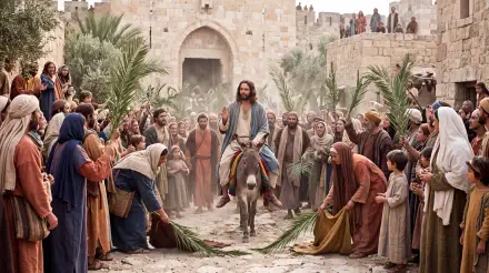 Jesus rides a donkey into Jerusalem as crowds wave palm branches on Palm Sunday, 5K Ultra HD PC desktop wallpaper and background.