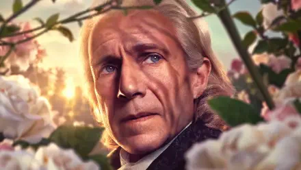 4K Ultra HD desktop wallpaper of elderly Coriolanus Snow from The Hunger Games, shown in a detailed portrait among flowers and foliage.