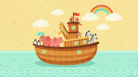 Colorful Noah’s Ark with animal pairs sailing beneath a rainbow, 4K Ultra HD PC desktop wallpaper and background.