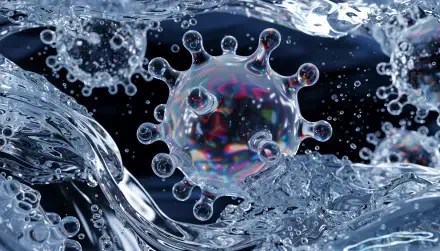 3D coronavirus particle surrounded by splashing water and bubbles, 4K Ultra HD PC desktop wallpaper and background.