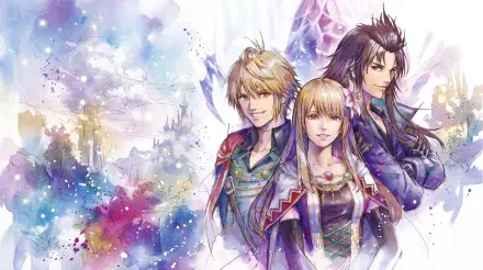 Final Fantasy Resonance anime 5K Ultra HD PC desktop wallpaper featuring three fantasy characters against a sparkling watercolor background.