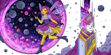 A purple-haired pixie fairy with glittering wings flies through a cosmic scene beside a crystalline tower, in 4K Ultra HD PC desktop wallpaper.